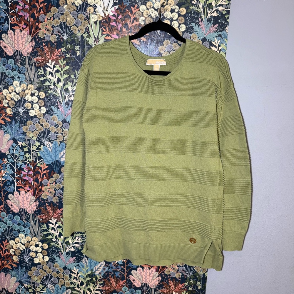 MICHAEL KORS Green Textured Ribbed Stripe Sweater Women’s S Cotton Blend MK Logo